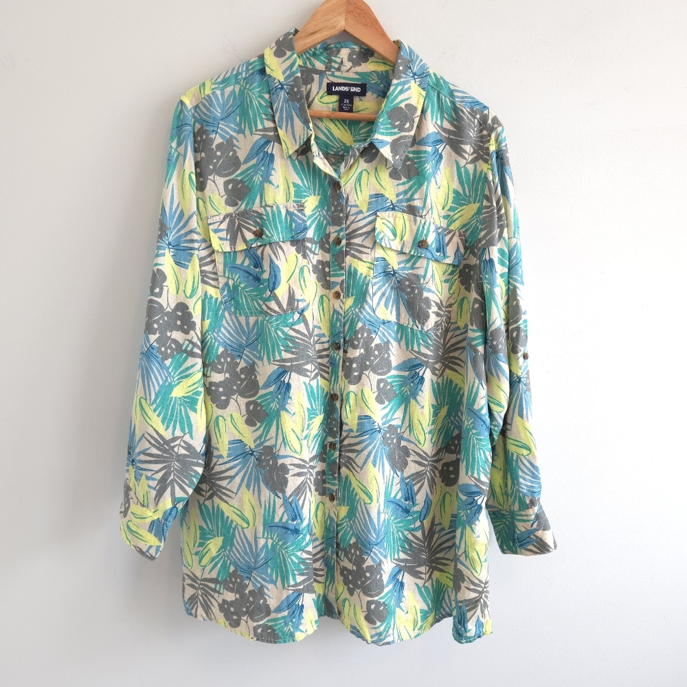 Land's End Women's Plus Size Linen Button Front Utility Tunic Top